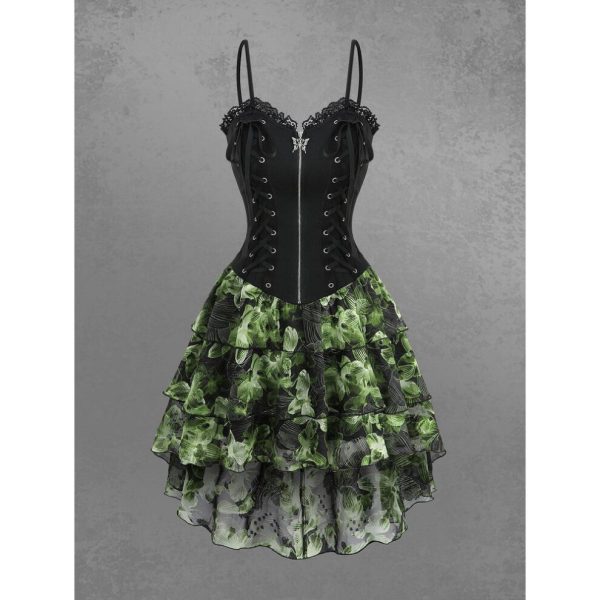 (green, XL) Rosegal Gothic Floral Leaf Printed Lace Up Butterfly Zipper Lace-trim Layered High Low Asymmetric Cami Dress