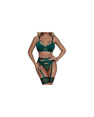 (green, XXL) Sexy Lingerie Set For Women 4 Piece Bra And Panty Set With Garter Belt Strappy Lingerie Set With Thigh Cuffs
