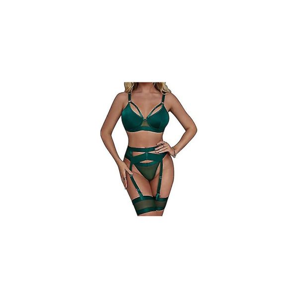 (green, XXL) Sexy Lingerie Set For Women 4 Piece Bra And Panty Set With Garter Belt Strappy Lingerie Set With Thigh Cuffs