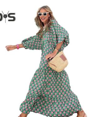 (green, XXL) Women Dress Bohemian Style V Neck Bubble Sleeves A-line Big Swing Pleated Printing Mid-calf Length Beach Vacation Dress
