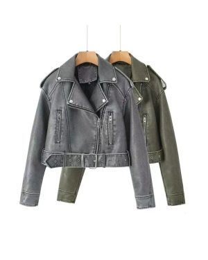 (grey JK158, XS) 2024 Autumn Women Vintage Loose Pu Faux Leather Short Jacket With Belt Streetwear Female Zipper Moto Biker Coat Outwear Tops