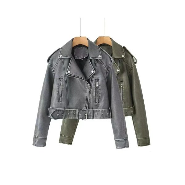 (grey JK158, XS) 2024 Autumn Women Vintage Loose Pu Faux Leather Short Jacket With Belt Streetwear Female Zipper Moto Biker Coat Outwear Tops