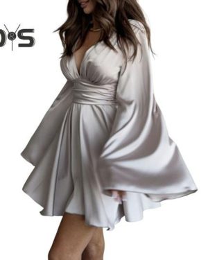 (grey, M) Women's Satin Mini Dress Flared Long Sleeve Deep V-neck Short Dress A-line High Waisted Flowy Dress For Club Cocktail Party