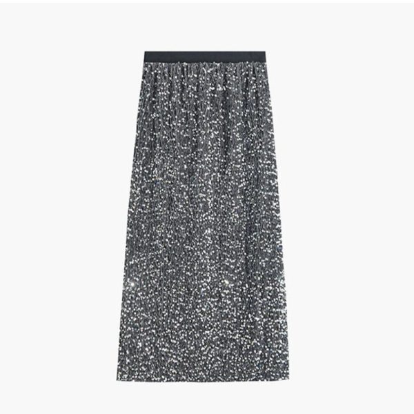 (grey, One Size) Qooth Autumn Elastic Waist Velvet Sequin Skirt Elegant Vintage Sexy High Waist A-line Split Skirt Qt1988