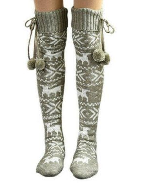 (grey, One size) Christmas Printed Women Knit Over Knee High Long Boot Socks Autumn Winter Leg Warmer Stockings