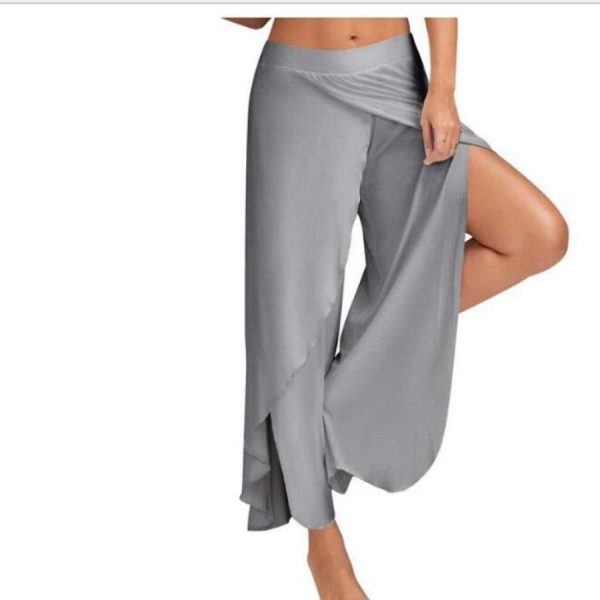 (grey, S) New Women Palazzo Boho Wide Leg Pants Loose Chiffon Skirt Flared Yoga Trousers Plus Size 5xl