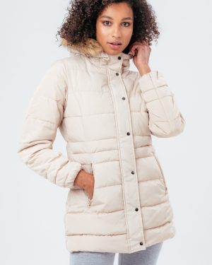 hype beige mid length women's padded coat with fur