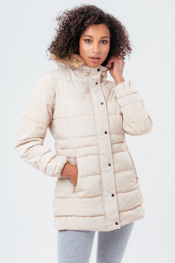 hype beige mid length women's padded coat with fur