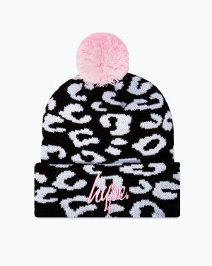 hype black cheetah knitted pom pom beanie