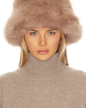 jocelyn Oversized Faux Fur Bucket Hat in Brown.