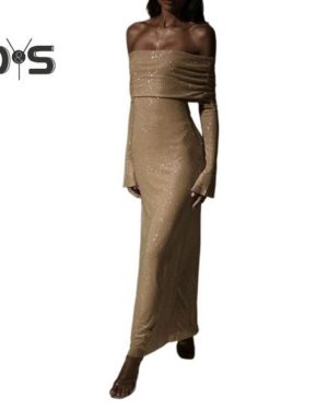 (khaki, S) Lady Evening Dress Bateau Neckline Off Shoulder Long Sleeves Shimmering Sequin Bronzing Strapless Bodycon Prom Cocktail Party Maxi Dress