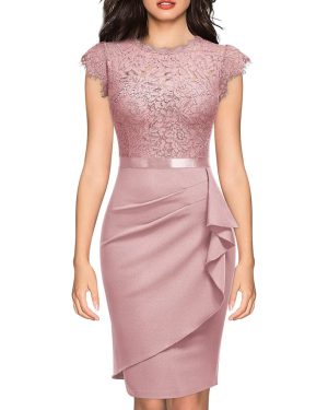 (l, Pink) Women's Vintage Lace Cap Sleeve Cocktail Party Formal Wedding Guest Work Bodycon Dress