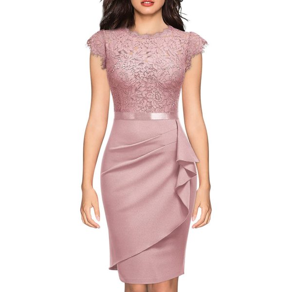 (l, Pink) Women's Vintage Lace Cap Sleeve Cocktail Party Formal Wedding Guest Work Bodycon Dress