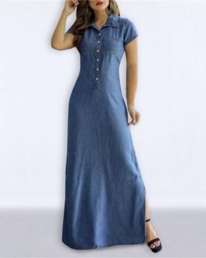 (light blue, M) "2022 European-american Casual Denim Maxi Dress With Shirt Collar, Slit Pockets, And Swing Skirt"