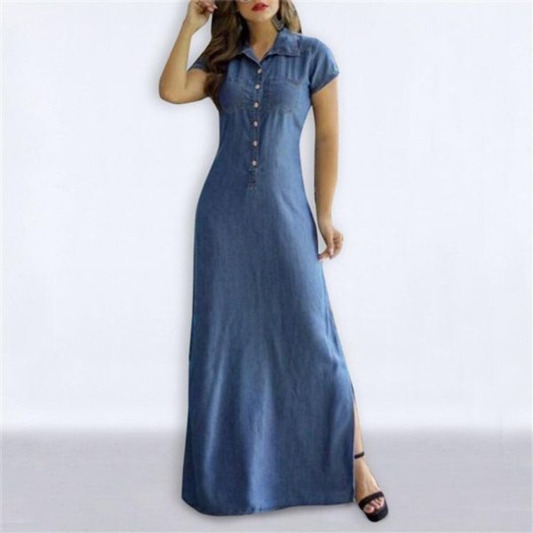 (light blue, M) "2022 European-american Casual Denim Maxi Dress With Shirt Collar, Slit Pockets, And Swing Skirt"