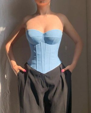 (light blue, S) Vintage Lmitation Denim Slash Neck Sexy Tank Tops Women Bandeau Bandage Corset Bra Top Sleeveless Slim Fit Backless Tanks 30725