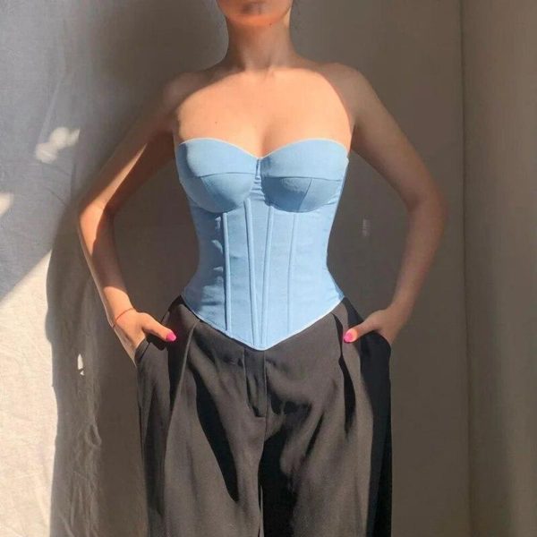 (light blue, S) Vintage Lmitation Denim Slash Neck Sexy Tank Tops Women Bandeau Bandage Corset Bra Top Sleeveless Slim Fit Backless Tanks 30725