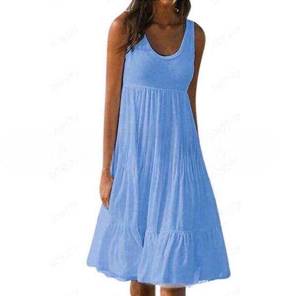 (light blue, XXXL) Xs-5xl Plus Size Women's Casual Spring And Summer O-neck Strapless Dress Sleeveless Dress Loose Vest A-line Dress