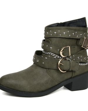 (light green, 39) Low Heel Womens Block Chunky Ankle Boots,Buckle Accents, Comfortable Faux Leather Upper, Rubber Sole, Pointed Toe,- Trendy Sports St