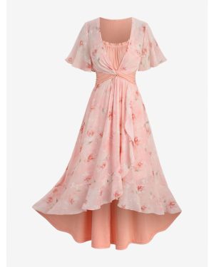 (light orange, L) Rosegal Plus Size Flowers Leaf Print Ruffles Ruched Twist Lettuce Hem High Low Dress
