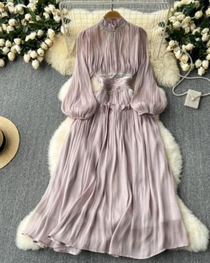 (light pink, L) New Elegant Stand Collar Lantern Sleeve Mujer Slim Fit Ruched Big Swing Heavy Robe Tassels Chain French Style Moda Dress