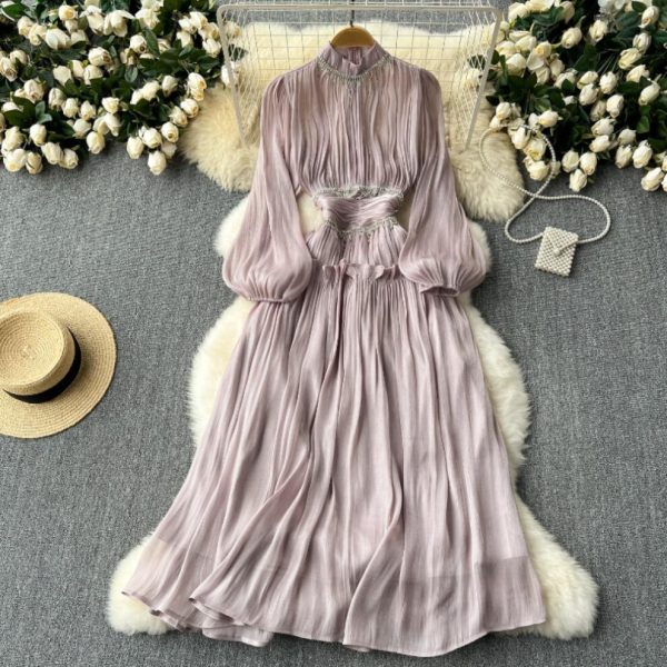 (light pink, L) New Elegant Stand Collar Lantern Sleeve Mujer Slim Fit Ruched Big Swing Heavy Robe Tassels Chain French Style Moda Dress