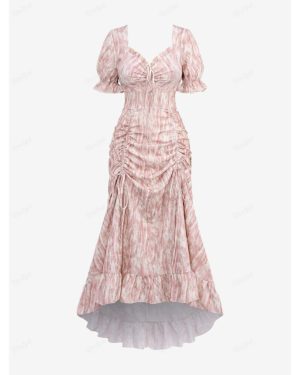 (light pink, XL) Rosegal Gothic Puff Sleeves Floral Jacquard Cinched Ruched Ruffles Tie Dye High Low Asymmetric A Line Dress