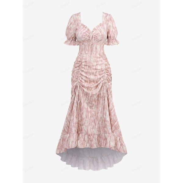 (light pink, XL) Rosegal Gothic Puff Sleeves Floral Jacquard Cinched Ruched Ruffles Tie Dye High Low Asymmetric A Line Dress