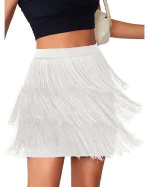(m, White) Women's Sexy Fringe Trim High Waist Tiered Bodycon Pencil Mini Short Skirt
