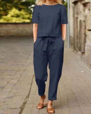 (navy blue, 5XL) 2024 Women's Cotton & Linen Summer Two-Piece Set - Half-Sleeve O-Neck Cardigan with Wide-Leg Pants
