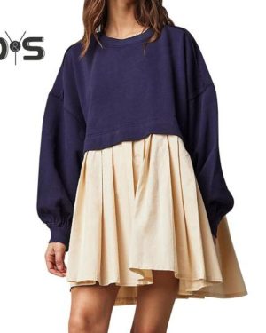 (navy blue, XL) Lady Dress Pleated Patchwork Crew Neck Sweatshirt Dress Loose Long Sleeves A-lin Big Swing Pullover Fall Spring Mini Dress