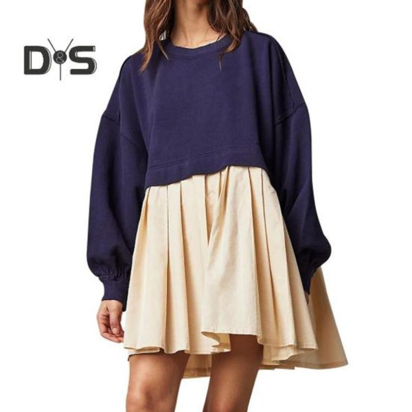 (navy blue, XL) Lady Dress Pleated Patchwork Crew Neck Sweatshirt Dress Loose Long Sleeves A-lin Big Swing Pullover Fall Spring Mini Dress
