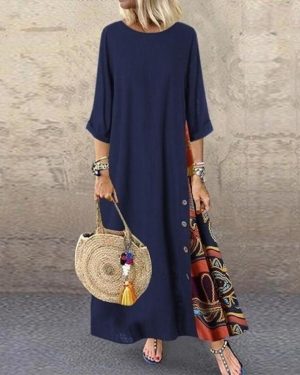 (navy blue, XL) Women's Fashion Casual Loose Big Swing Half Sleeve Long Dress Floral Holiday Maxi Dress Plus Size Vestidos Longos Robe