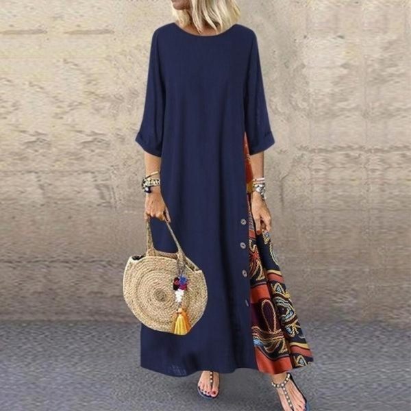 (navy blue, XL) Women's Fashion Casual Loose Big Swing Half Sleeve Long Dress Floral Holiday Maxi Dress Plus Size Vestidos Longos Robe