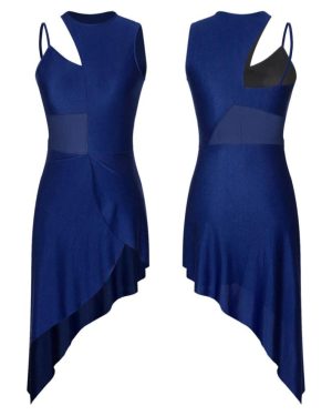 (navy blue, XL) Womens Performance Dance Clothes Mesh Splice Patchwork High Low Lyrical Stage Samba Dancing Dress