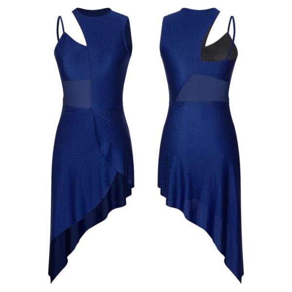 (navy blue, XL) Womens Performance Dance Clothes Mesh Splice Patchwork High Low Lyrical Stage Samba Dancing Dress