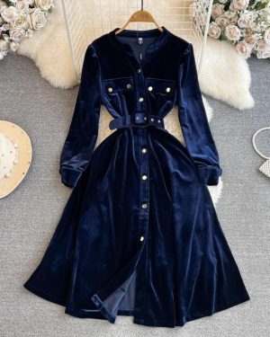 (navy blue, XXL) Autumn Winter Velvet Party Dress Runway High Quality Women's V Neck Single Breasted Pockets Velour Slim Midi Vestidos With Belt