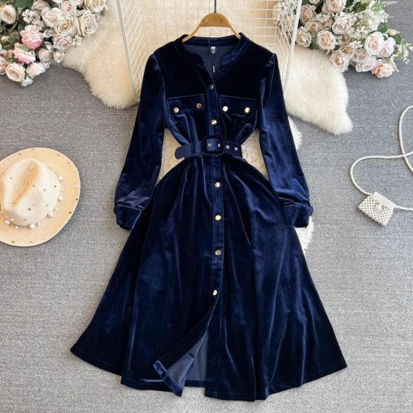 (navy blue, XXL) Autumn Winter Velvet Party Dress Runway High Quality Women's V Neck Single Breasted Pockets Velour Slim Midi Vestidos With Belt