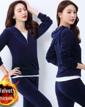 (navy blue, XXL) "women's Winter Gold Velvet Sporty Two-piece: Stylish Sweater & Wide-leg Pants"