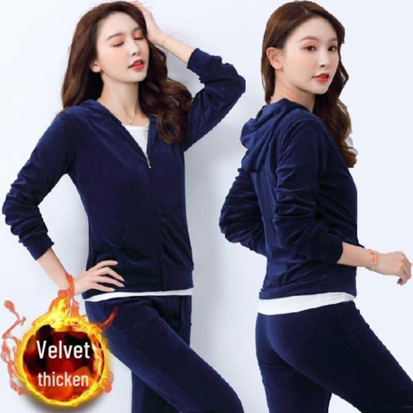 (navy blue, XXL) "women's Winter Gold Velvet Sporty Two-piece: Stylish Sweater & Wide-leg Pants"