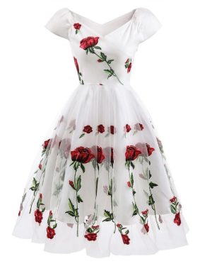 (off white, XXL) Women's Embroided Prom Dress Rose Flowers Mesh Tulle Off Shoulder Midi Skater Wedding Guest Evening Cocktail Party Special Forma