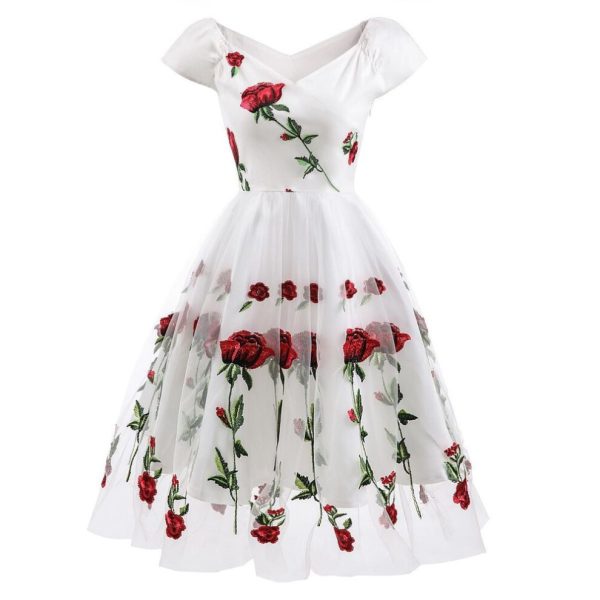 (off white, XXL) Women's Embroided Prom Dress Rose Flowers Mesh Tulle Off Shoulder Midi Skater Wedding Guest Evening Cocktail Party Special Forma
