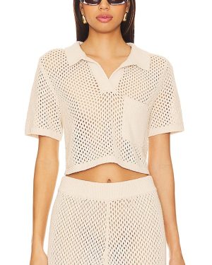 onia Crochet Cropped Polo Top in Beige. Size M, S, XL, XS.