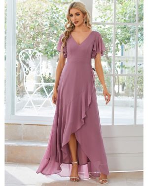 (orchid, 6XL) Ever-pretty Women's Double V Neck A Line Asymmetry Hem Backless High Low Chiffon Formal Dresses