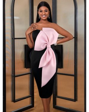 (pink, 1XL) Aomei Strapless Party Dress For Women Tube Top Black Pink Bow Patchwork Bodycon High Waist Slim Fit Evening Club Event Mid-calf Gowns Outf