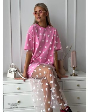 (pink, One Size) Hirsionsan Heart Mesh Patchwork Vintage Long T Shirt Dress Streetwear Aesthetic Chic Dresses Women Casual Cotton Short Sleeve Clothes