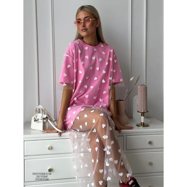 (pink, One Size) Hirsionsan Heart Mesh Patchwork Vintage Long T Shirt Dress Streetwear Aesthetic Chic Dresses Women Casual Cotton Short Sleeve Clothes