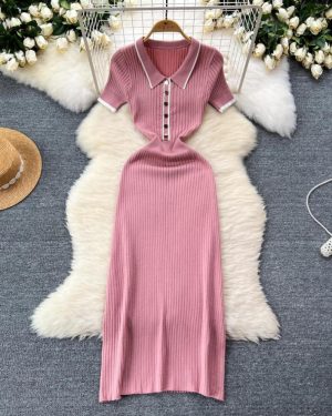 (pink, One Size) New Summer Women's Polo Knitted Dresses Colorblock Elegant Short Sleeve Buttons Bodycon Wrap Dress Female Dress