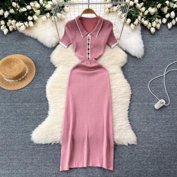 (pink, One Size) New Summer Women's Polo Knitted Dresses Colorblock Elegant Short Sleeve Buttons Bodycon Wrap Dress Female Dress