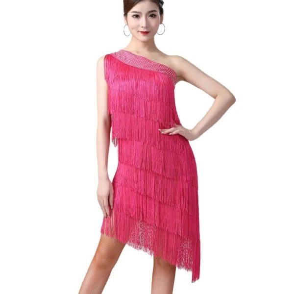 (pink, One Size) Women Sequin Elegant One Shoulder Latin Dance Dress Adult Sexy Tassel Fringe Flapper Dress Ballroom Cocktail Dance Costume